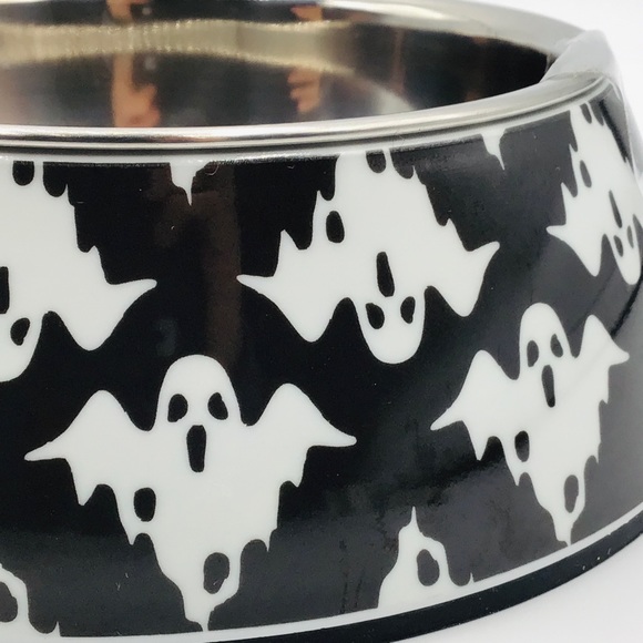 Halloween Pet Food Bowl Small Ghost Black White Melamine Metal Water Cat Dog - Picture 3 of 7